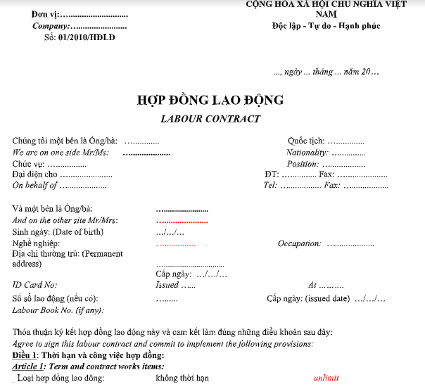Hợp Đồng Lao Động Song Ngữ